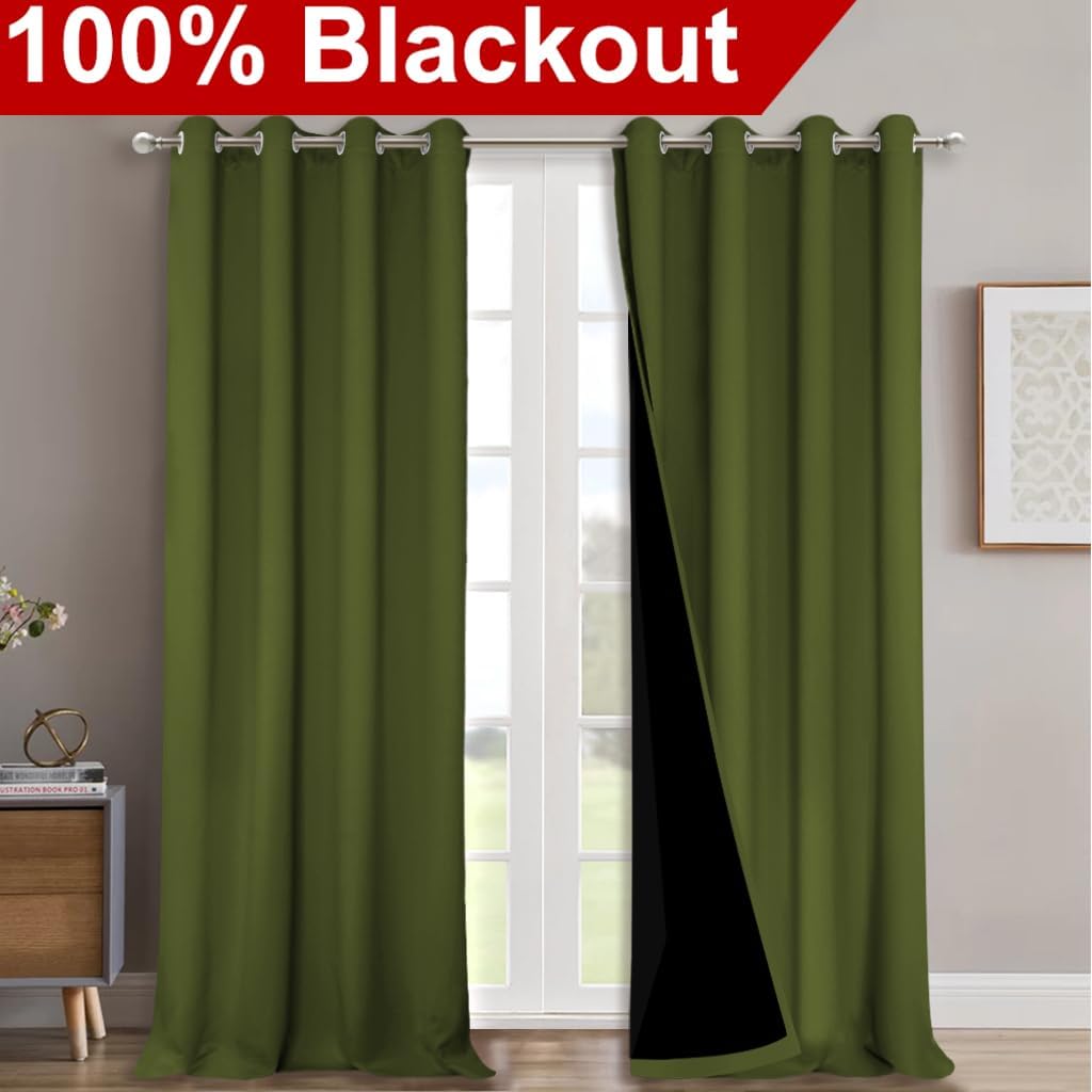 NICETOWN 100% Blackout Blinds, Set of 2, 46" x 102", Olive Green, Laundry Room Decor Window Treatment Curtains for Large Patio Sliding Door, Thermal Insulated Curtains for Bedroom