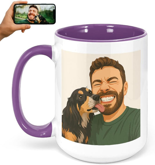 Personalized Coffee Mug, Custom Drawing Portrait Gift, Funny Customized Coffee Gift for Men & Women, Custom Mugs with Pictures, Purple 15oz Customized Ceramic Tea Cup