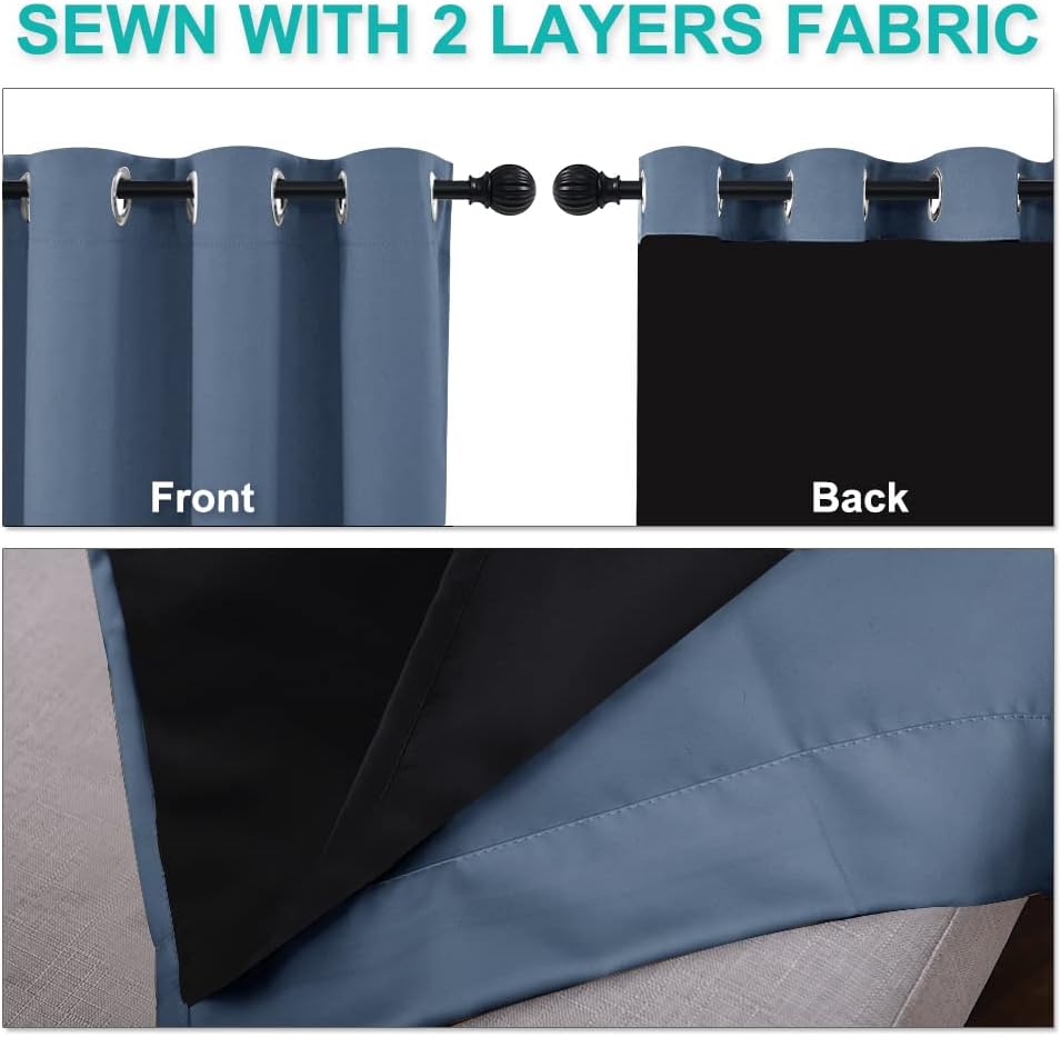 NICETOWN 100% Blackout Window Curtain Panels, Stone Blue, 2 Pieces, 37" Wide Each Panel, Heat and Full Light Blocking Drapes with Black Liner for Nursery, 40" Drop Thermal Insulated Draperies