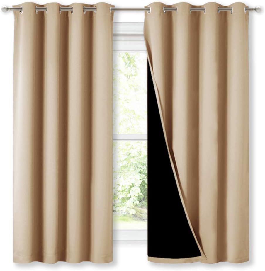 NICETOWN Extra Long Truly Blackout Drapes for Hall and Villa, 46" Width Each Panel, 45" Length, Biscotti Beige, 2 Pieces, 100% Blackout Window Curtain Panels with Black Lined for Night Shift Worker