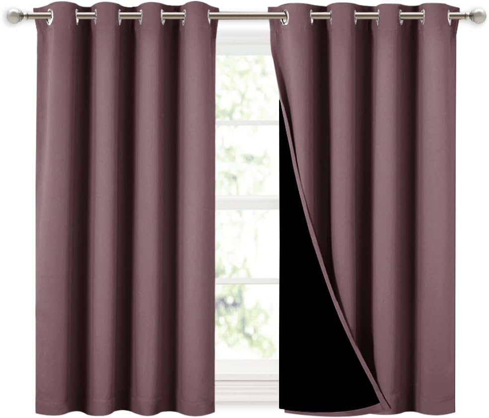 NICETOWN Dry Rose 100% Blackout Curtains 45 inches Long, 2 Thick Layers Completely Blackout Window Treatment Thermal Insulated Lined Drapes for Small Window (1 Pair, 52 inches Width Each Panel)