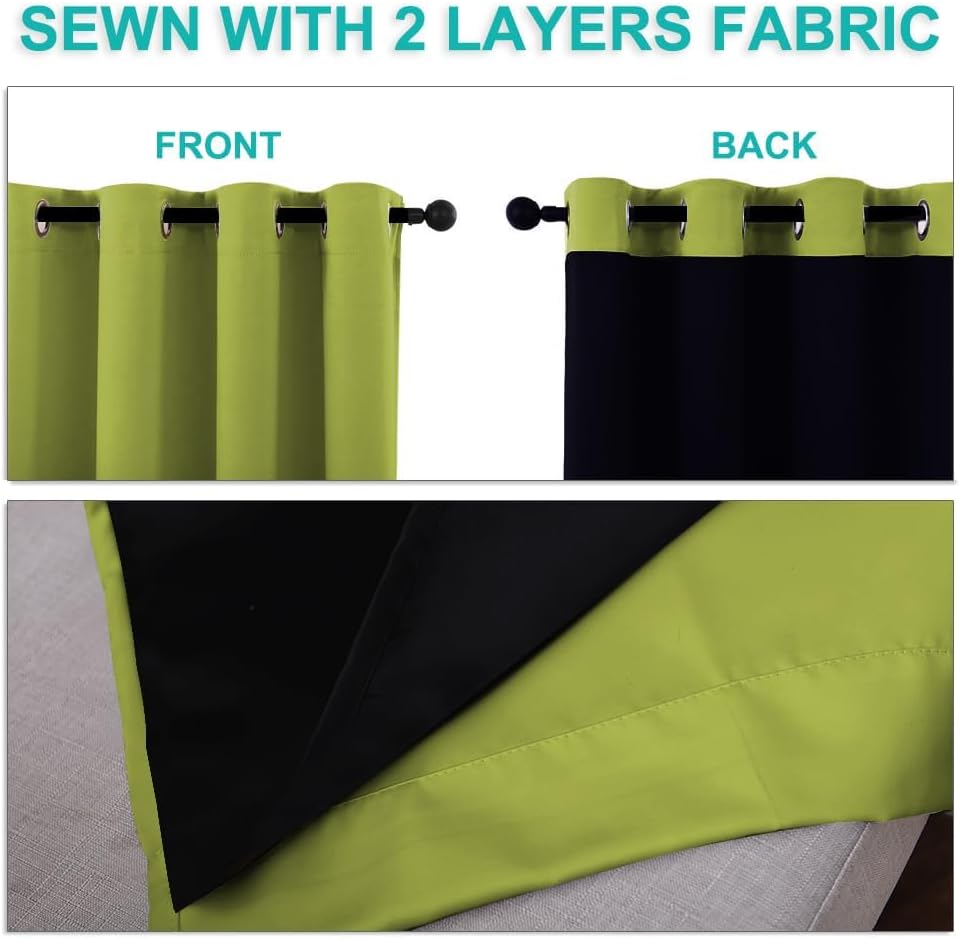 NICETOWN Extra Long Truly Blackout Drapes for Hall and Villa, 46" Width Each Panel, 45" Length, Fresh Green, 2 Pieces, 100% Blackout Window Curtain Panels with Black Lined for Night Shift Worker