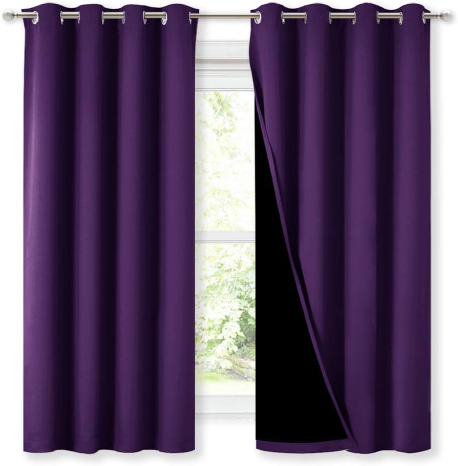 NICETOWN 100% Blackout Curtain Panels, Thermal Insulated Black Liner Curtains for Kitchen, Noise Reducing and Cold Blocking Drapes for Windows (Set of 2, Royal Purple, 52-inch Wide by 63-inch Long)