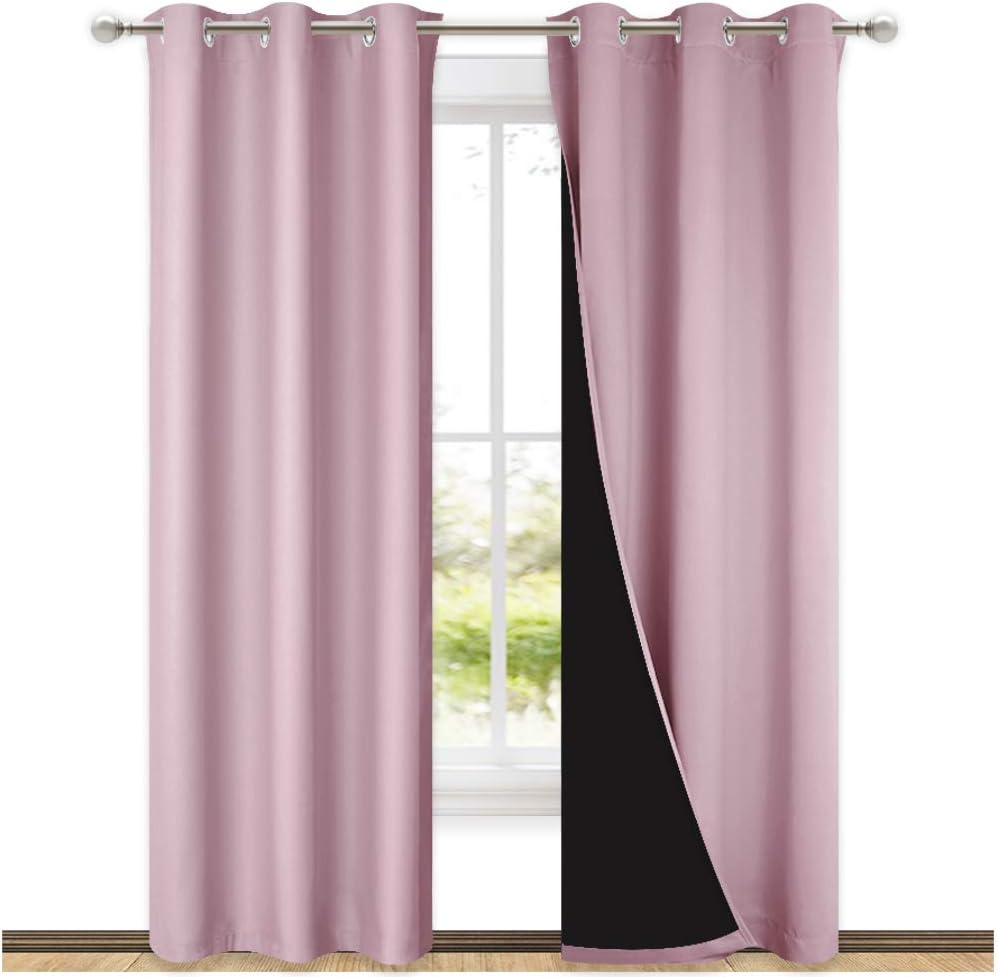 NICETOWN Baby Pink Full Shade Curtain Panels, Pair of Thermal Insulated & Energy Efficiency Blackout Drapes for Living Room Windows, Lined Silky Performance Window Dressing (37" Wide x 84" Long, Gray)