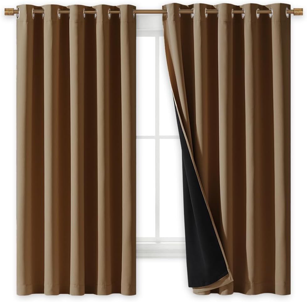 NICETOWN 100% Blackout Curtains with Black Liners, Gold Brown, 2 Panels, 62-inch W by 63-inch L, Thermal Insulated Full Blackout 2-Layer Lined Drapes, Energy Efficiency Window Draperies for Bedroom