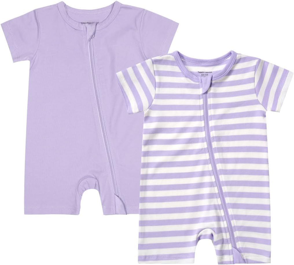 Teach Leanbh Unisex Baby 2 Pack Pajamas Cotton Short Sleeve 2 Way Zipper Stripe Soild Romper Jumpsuit Sleep and Play