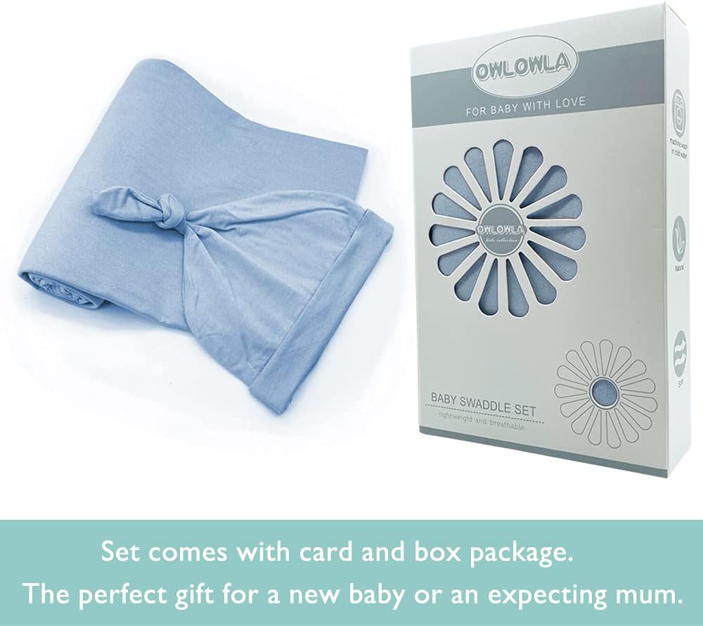 OWLOWLA Swaddle Blanket and Hat Set Newborn Swaddle Wrap Baby Receiving Blanket for Baby Boys Girls(Baby Blue)
