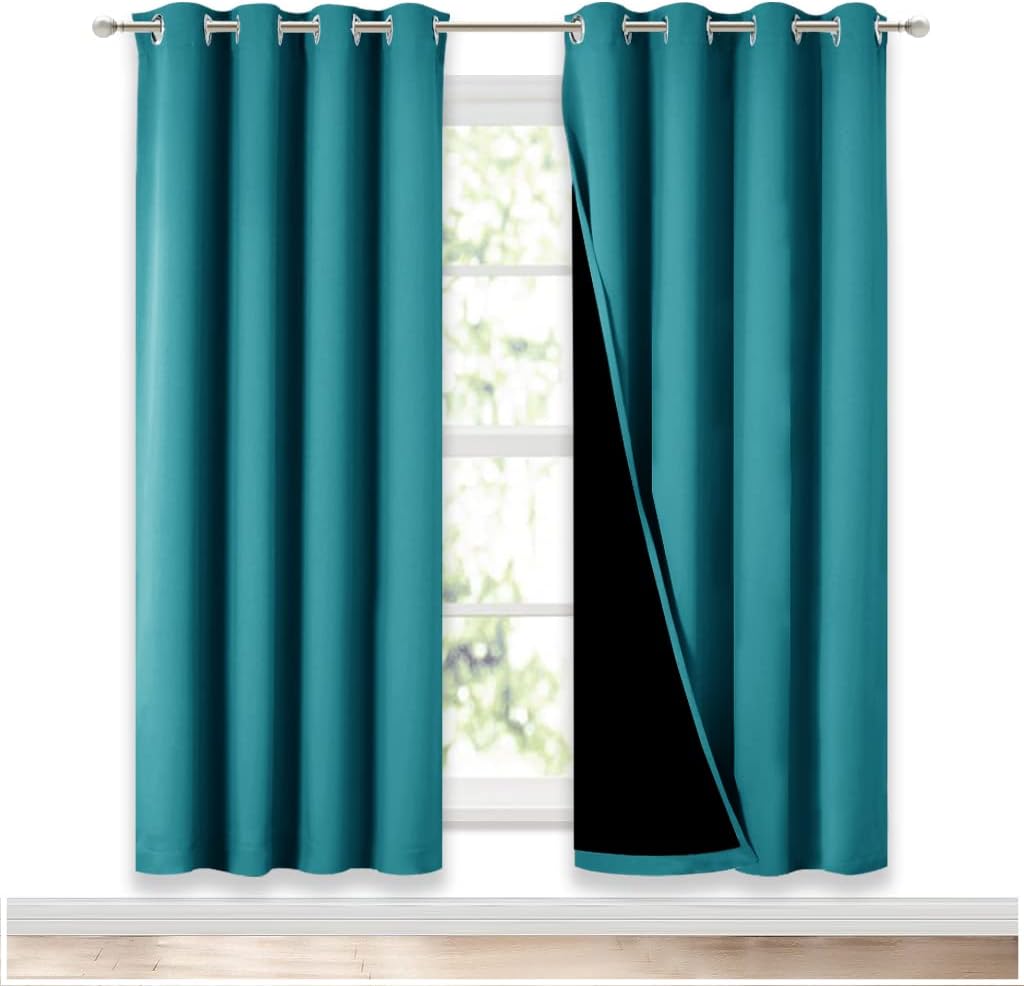 NICETOWN 100% Blackout Window Curtain Panels, Full Light Blocking Drapes with Black Liner for Nursery, 72-inch Drop Thermal Insulated Draperies (Peacock Teal, 2 Pieces, 52-inch Wide Per Panel)