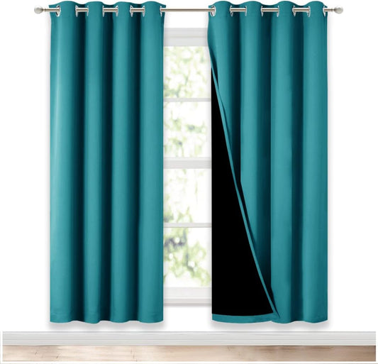 NICETOWN 100% Blackout Window Curtain Panels, Full Light Blocking Drapes with Black Liner for Nursery, 72-inch Drop Thermal Insulated Draperies (Peacock Teal, 2 Pieces, 52-inch Wide Per Panel)