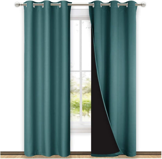 NICETOWN Sea Teal Full Shade Curtain Panels, Pair of Thermal Insulated & Energy Efficiency Blackout Drapes for Living Room Windows, Lined Silky Performance Window Dressing (37" Wide x 84" Long, Gray)
