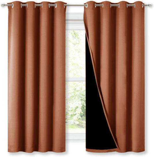 NICETOWN Burnt Orange 100% Blackout Lined Curtains, 2 Thick Layers Completely Blackout Window Treatment Thermal Insulated Drapes for Kitchen/Bedroom (1 Pair, 52" Width x 63" Length Each Panel)