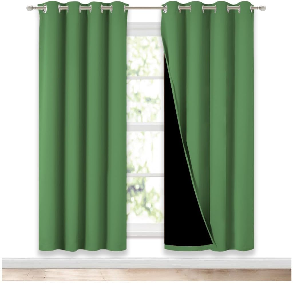 NICETOWN 100% Blackout Window Curtain Panels, Forest Green, 2 Pieces, 52-inch Wide Per Panel, Full Light Blocking Drapes with Black Liner for Nursery, 72-inch Drop Thermal Insulated Draperies