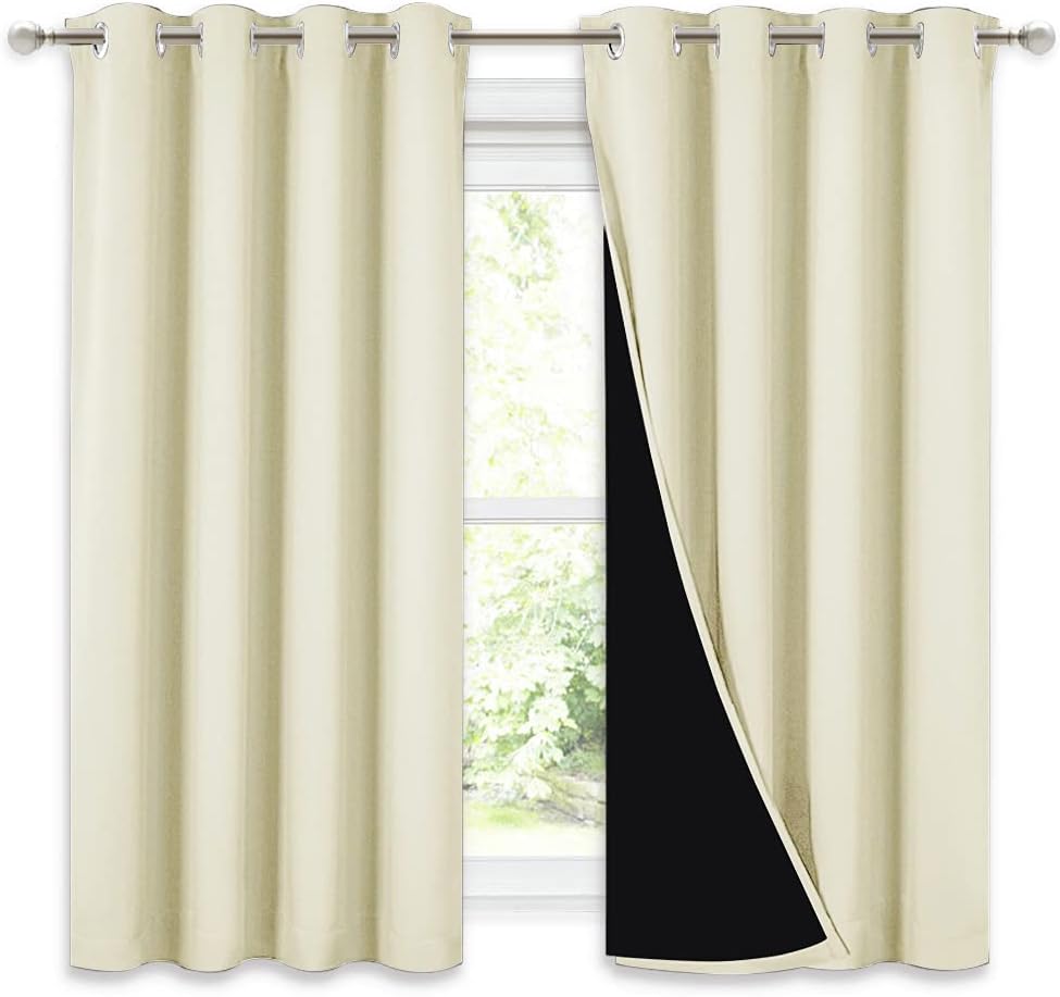 NICETOWN Cold Blocking Curtains, Bedroom Full Blackout Curtain Panels, Great Job for Blocking Light, Complete Blackout Draperies with Black Liner for Night Shift (Beige, Set of 2, 52 by 54-inch)