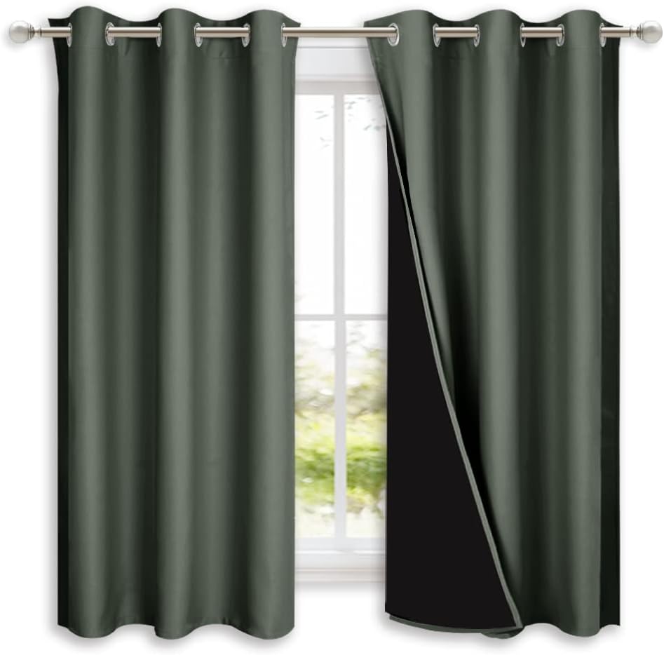 NICETOWN Dark Mallard 100% Blackout Lined Curtains, 2 Thick Layers Completely Blackout Window Treatment Panels Thermal Insulated Drapes for Kitchen (1 Pair, 42" Width x 63" Length Each Panel)