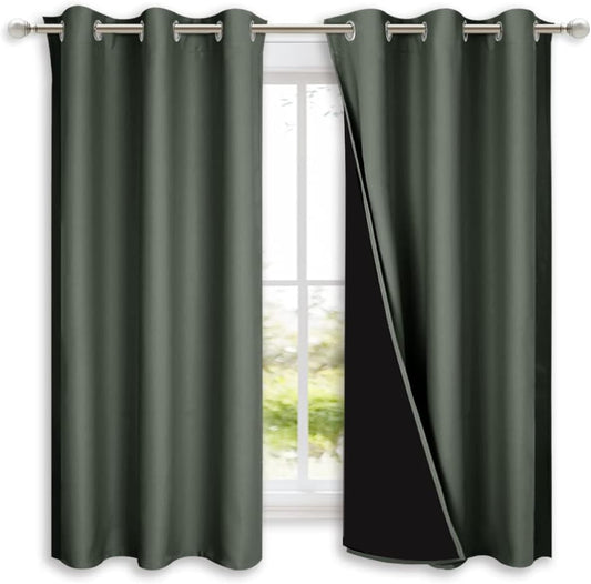 NICETOWN Dark Mallard 100% Blackout Lined Curtains, 2 Thick Layers Completely Blackout Window Treatment Panels Thermal Insulated Drapes for Kitchen (1 Pair, 42" Width x 63" Length Each Panel)
