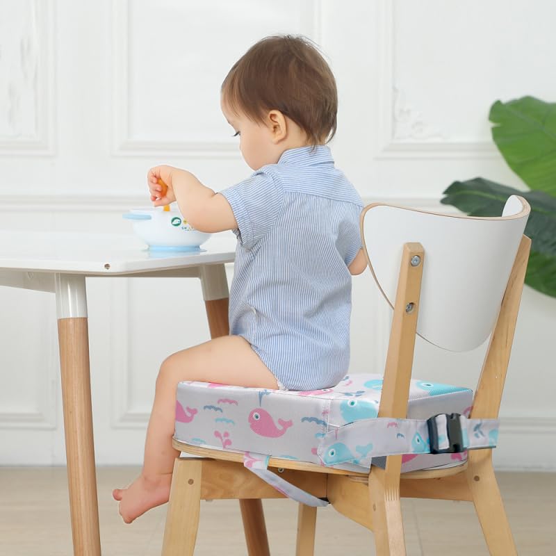 Toddler Booster Seat for Dining Table,4 Inches Washable Double Safer Straps Non-Slip Bottom Booster Seat Dining for Kids, Portable Travel High Density Sponge Detachable Increasing Cushion for Child.