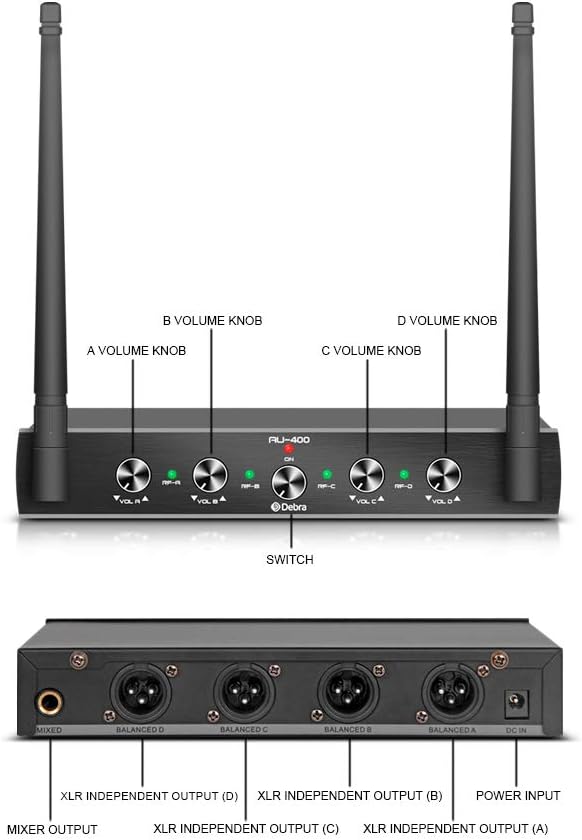Debra Audio Pro UHF 4 Channel Wireless Microphone System with Cordless Handheld Lavalier Headset Mics, Metal Receiver, Ideal for Karaoke Church Party (with 2 Handheld & 2 Bodypack (A))
