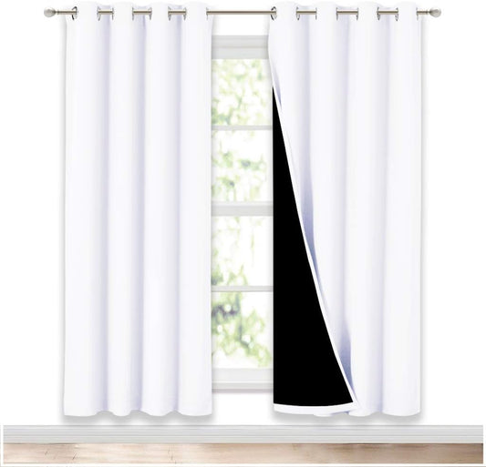 NICETOWN 100% Blackout Window Curtain Panels, Full Light Blocking Drapes with Black Liner for Nursery, 72 inch Drop Thermal Insulated Draperies (White, 2 Pieces, 52-inch Wide Per Panel)