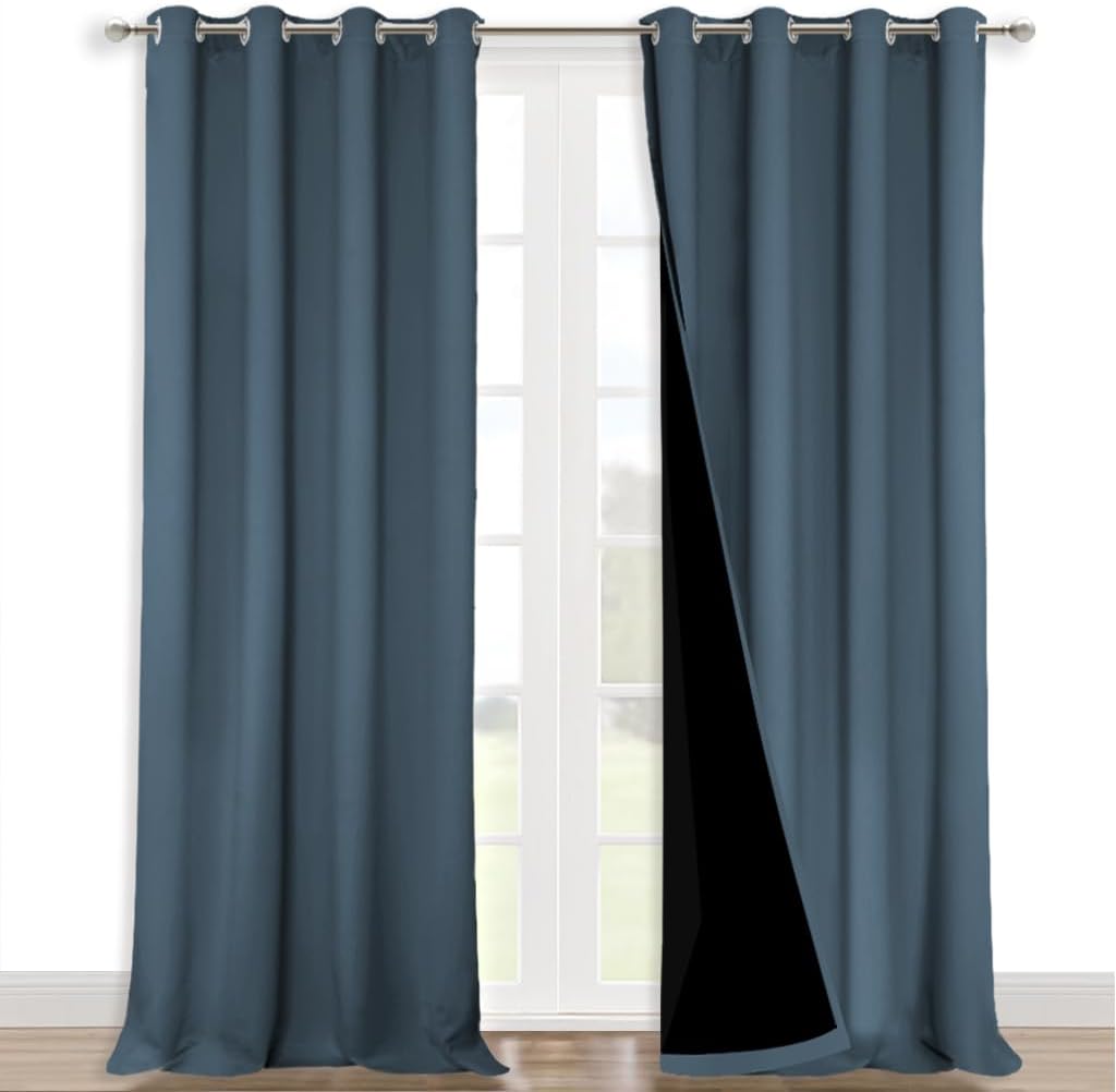 NICETOWN 100% Blackout Curtains for Windows, Pack of 2, Smoky Blue, 52" W x 102" L, Super Heavy-Duty Black Lined Total Darkness Drapes for Bedroom, Privacy Assured Window Treatment for Patio