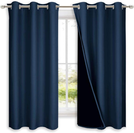 NICETOWN 100% Blackout Curtain Panels, Thermal Insulated Black Liner Curtains for Nursery Room, Noise Reducing and Cold Blocking Drapes for Windows (Set of 2, Navy Blue, 42" Wide by 63" Long)