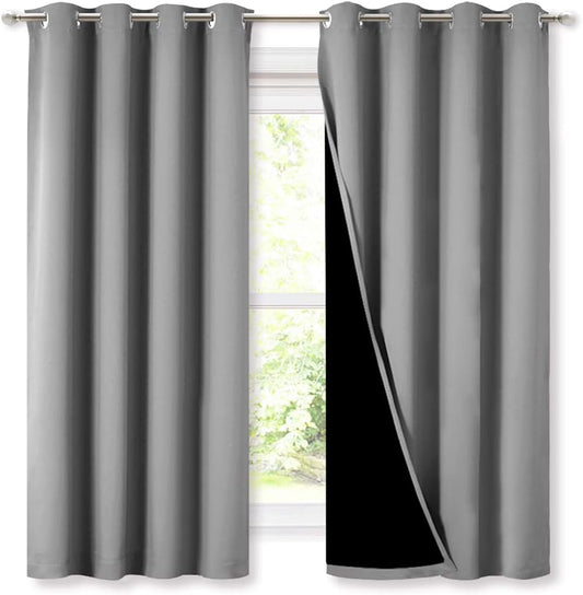 NICETOWN Extra Long Truly Blackout Drapes for Hall and Villa, 46-inch Width Each Panel, 45-inch Length, Silver Grey, 2 Pieces, 100% Blackout Window Curtains with Black Lined for Night Shift Worker