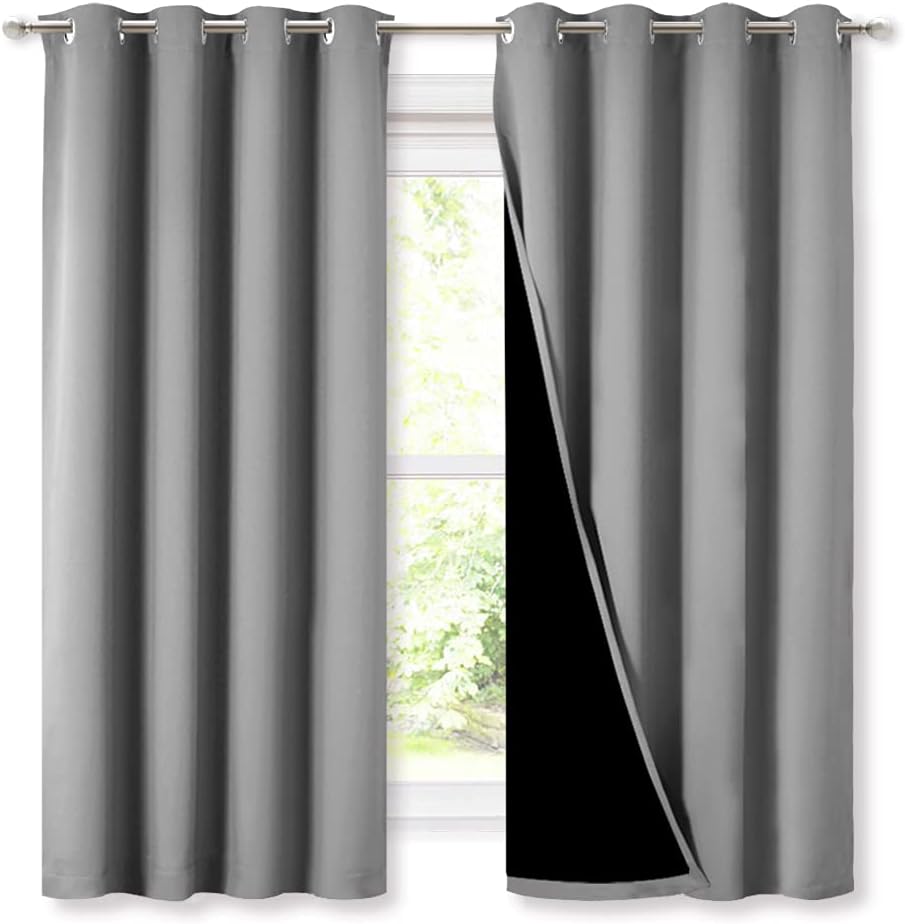 NICETOWN 100% Blackout Curtains with Black Liners, Thermal Insulated Full Blackout 2-Layer Lined Drapes, Energy Efficiency Window Draperies for Bedroom (Silver Grey, 2 Panels, 52-inch W by 63-inch L)