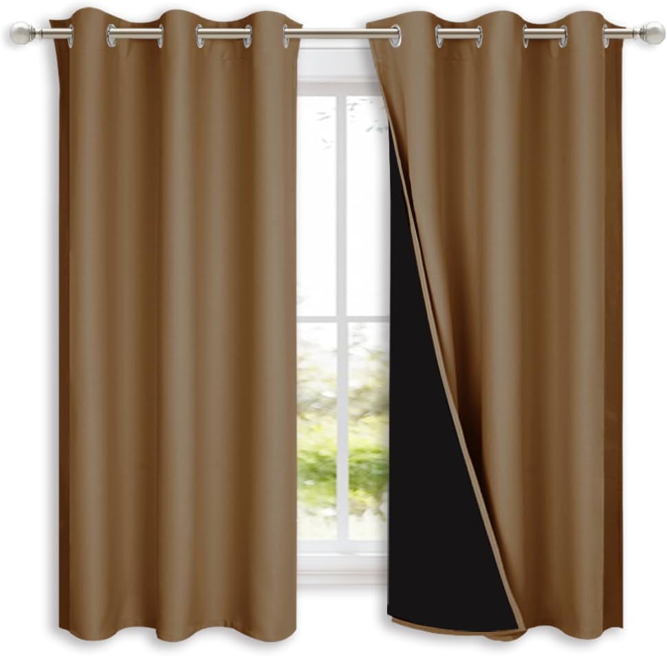 NICETOWN 100% Blackout Lined Curtains, Gold Brown, 1 Pair, 42" Width x 63" Length Each Panel, 2 Thick Layers Completely Blackout Window Treatment Panels Thermal Insulated Drapes for Kitchen