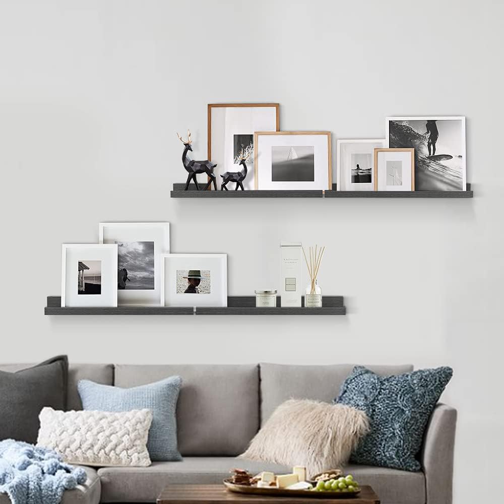 Forbena 24 Inch Long Picture Ledge Shelf Set of 4, Black Wood Floating Shelves for Wall with Lip, Rustic Display Shelves for Living Room Hallway Bedroom Office Photo Frames Bathroom Nail Polish