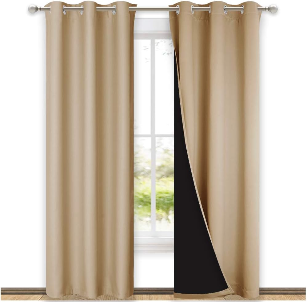 NICETOWN Living Room Completely Shaded Draperies, Privacy Protection & Noise Reducing Black Lined Insulated Window Treatment Curtain Panels for Patio Door (Set of 2 PCs, W42 x L84, Biscotti Beige)