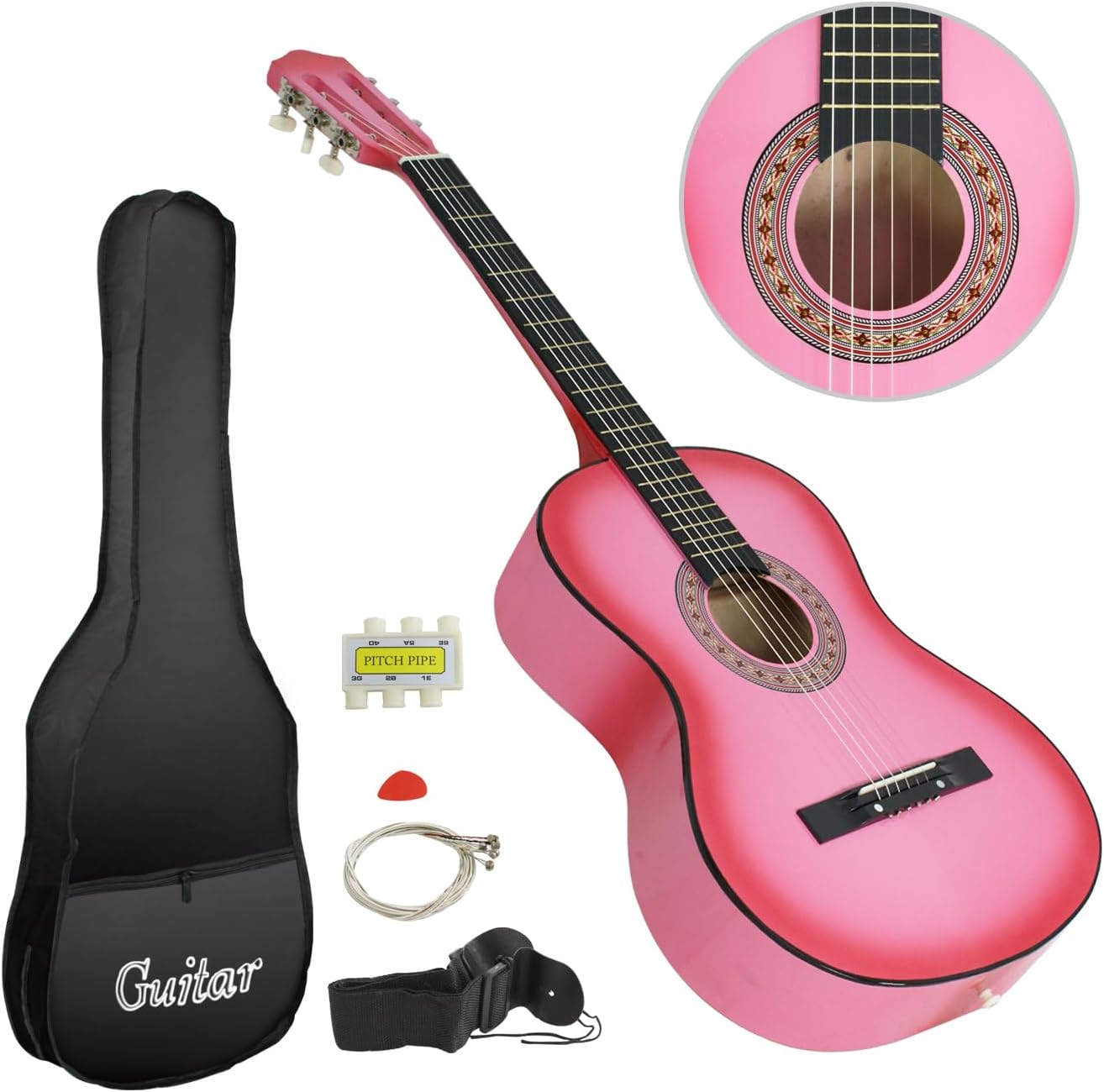 Smartxchoices 38" Acoustic Guitar Bundle with Gig Bag Strap Pitch Pipe Extra Strings Set Pick PINK 6 String for Beginners Starter Kids Girls Youths Students Right-handed (PINK)