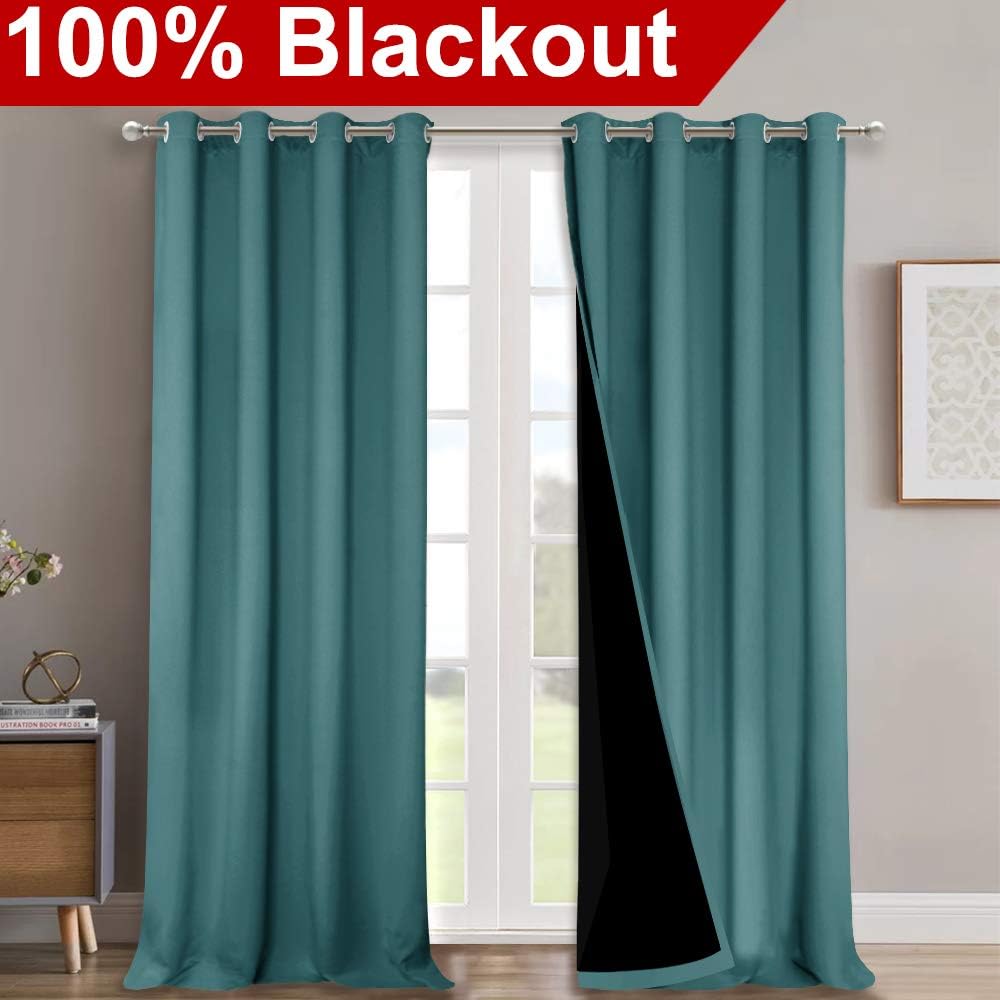 NICETOWN 100% Blackout Blinds, Set of 2, 46" x 96", Sea Teal, Laundry Room Decor Window Treatment Curtains for Large Patio Sliding Door, Thermal Insulated Curtains for Bedroom