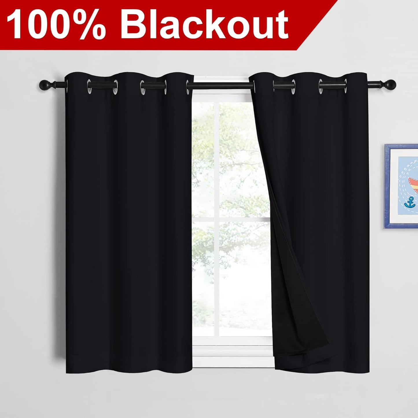 NICETOWN Black 100% Blackout Curtains 45 inches Length, 2 Thick Layers Completely Blackout Window Treatment Thermal Insulated Lined Drapes for Basement Window (1 Pair, 42 inches Width Each Panel)