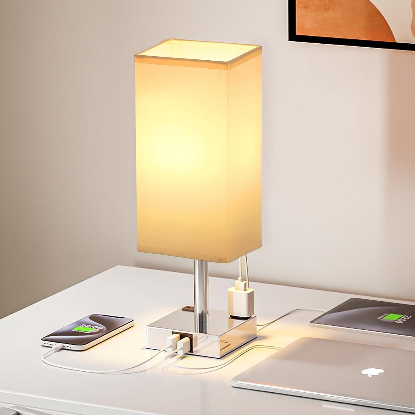 Touch Bedside Table Lamp for Nightstand - 3-Way Dimmable Night Lamp with USB A + Type C Charging Ports and Two AC Outlets, Small Desk Light with E26 LED Bulb for Bedroom Living Room Dorm Office