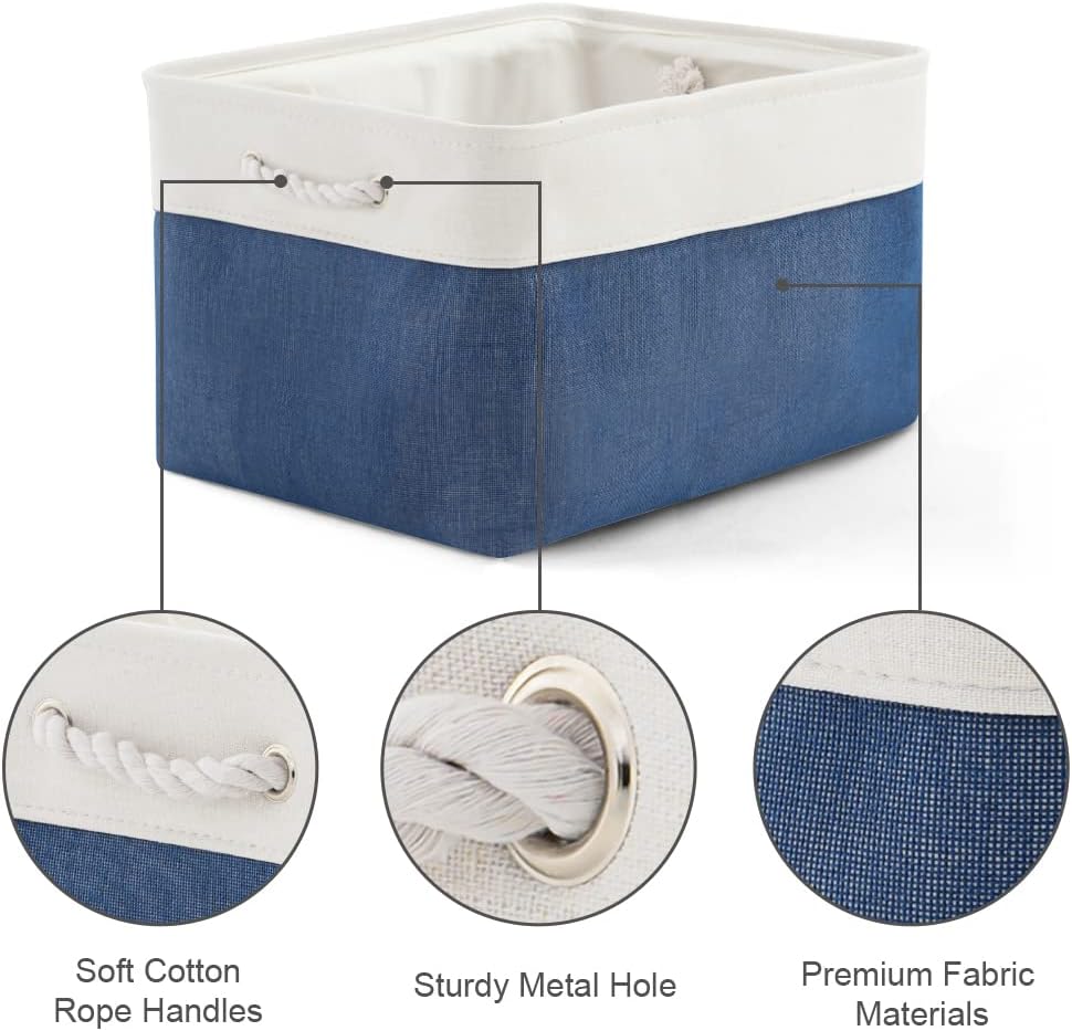 Organization and Storage Bins for Shelves - 2 Pack 17X15X12 inch Canvas Storage Cubes Collapsible Baskets for Organizing with Handles, Storage Box for Cloth Decorative (White & Blue)