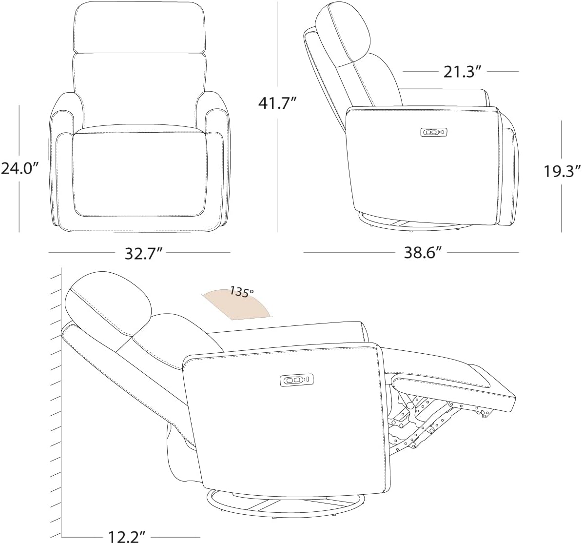 CHITA Electronic Power Recliner Chair Swivel Glider, FSC Certified Modern Nursery Rocking Chair with USB and Type-C Ports, Light Grey