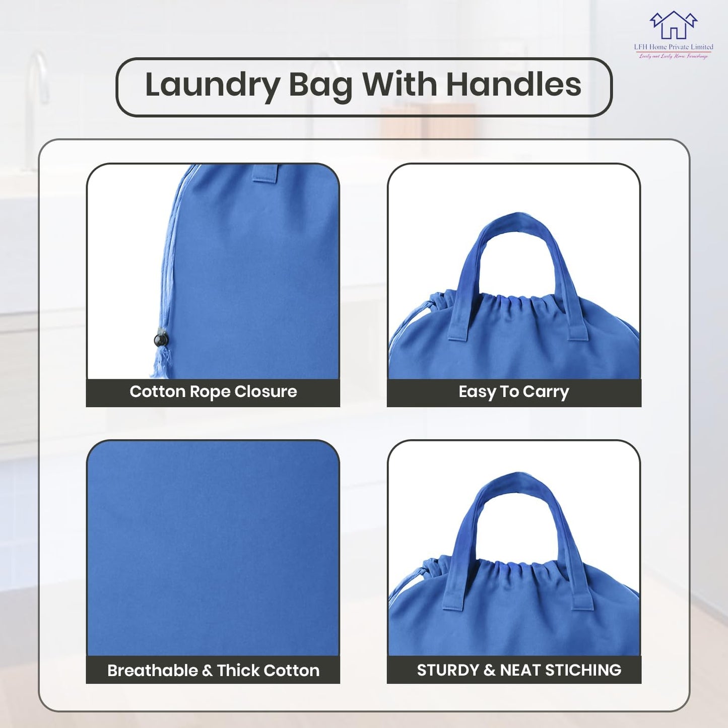 LFH Home Cotton Canvas Large Laundry Bag with Handle, Heavy Duty Drawstring Closure Washable Laundry Bags, School Travel, Home, Hotel, College Dorm, Organizer Sack, Toys Clothes 24x36-Sky Blue