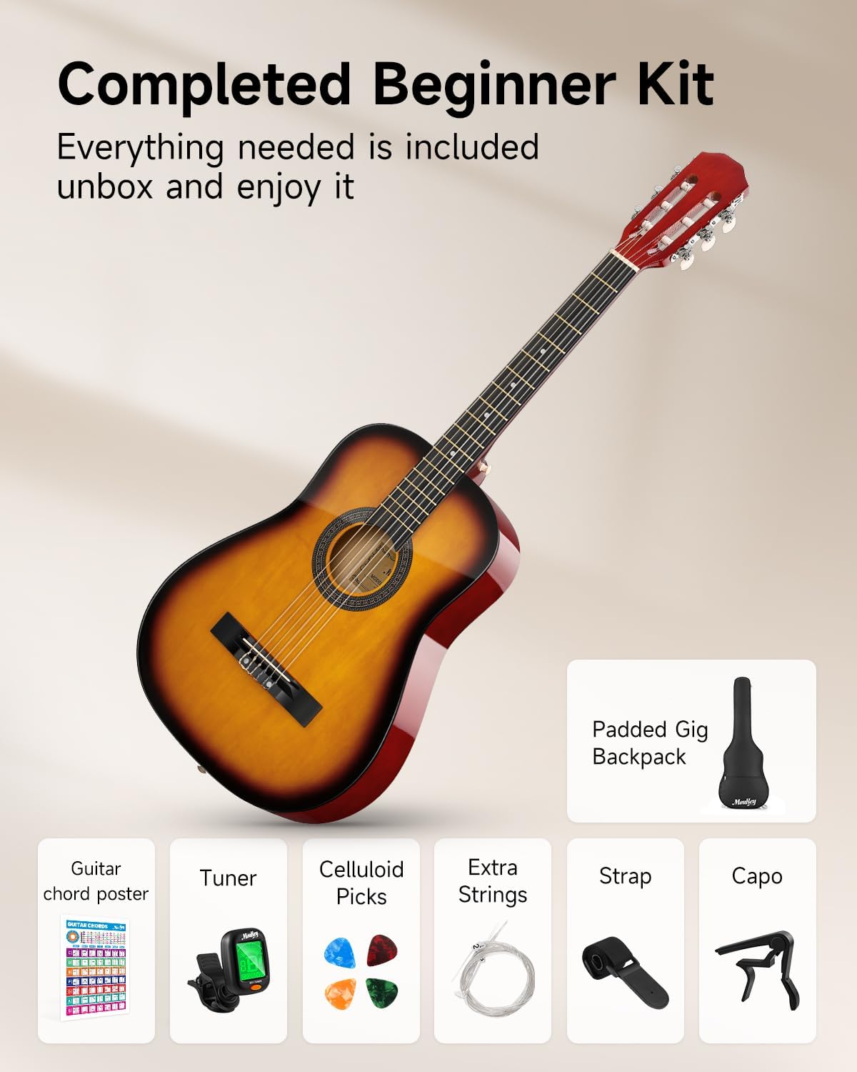 Moukey 38" Acoustic Guitar for Beginners Kids Youth Adult Dreadnought Guitarra Acustica Kit with Chord Poster, Gig Bag, Tuner, Picks, Nylon Strings, Capo, Strap - Sunburst