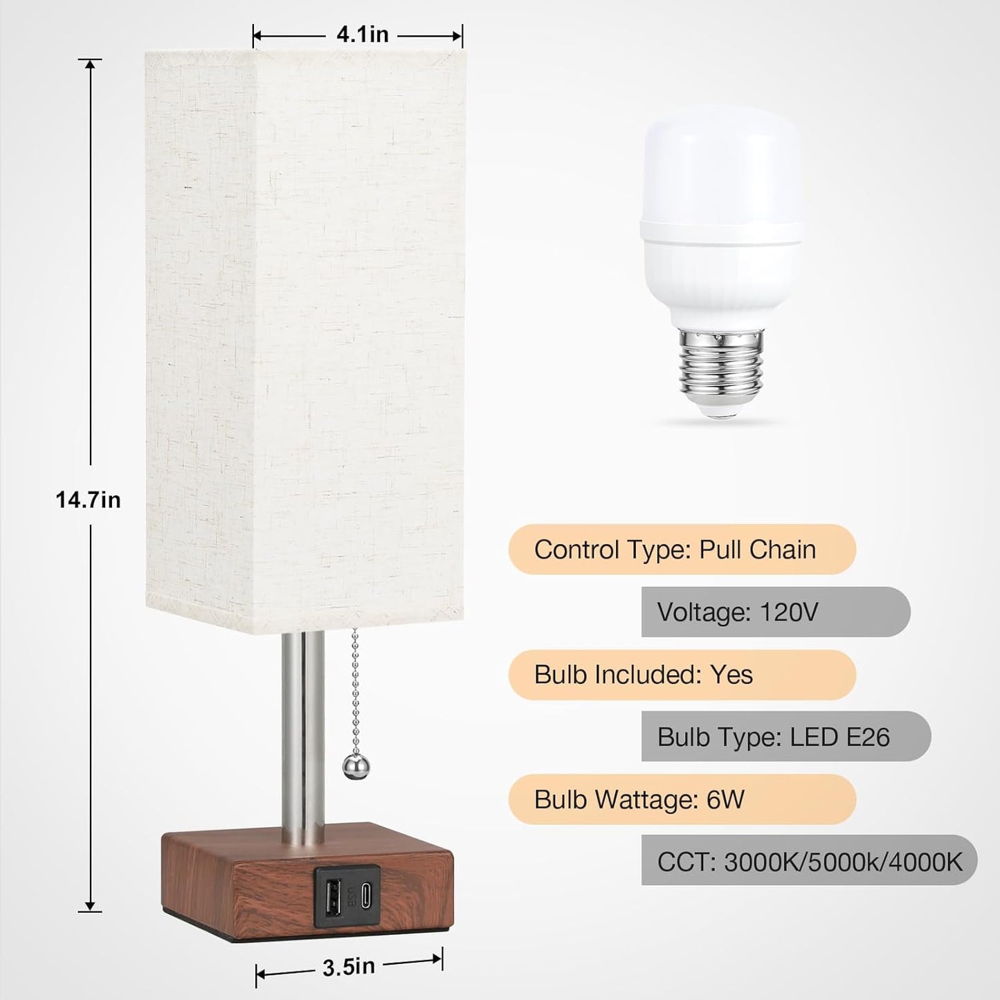 aooshine Red Brown Small Table Lamp for Bedroom - 3 Color Temperature 3000K 5000K 4000K Bedside Lamp, Pull Chain Control, USB A and C Ports, Pure Gold Color Base, Bulb Included