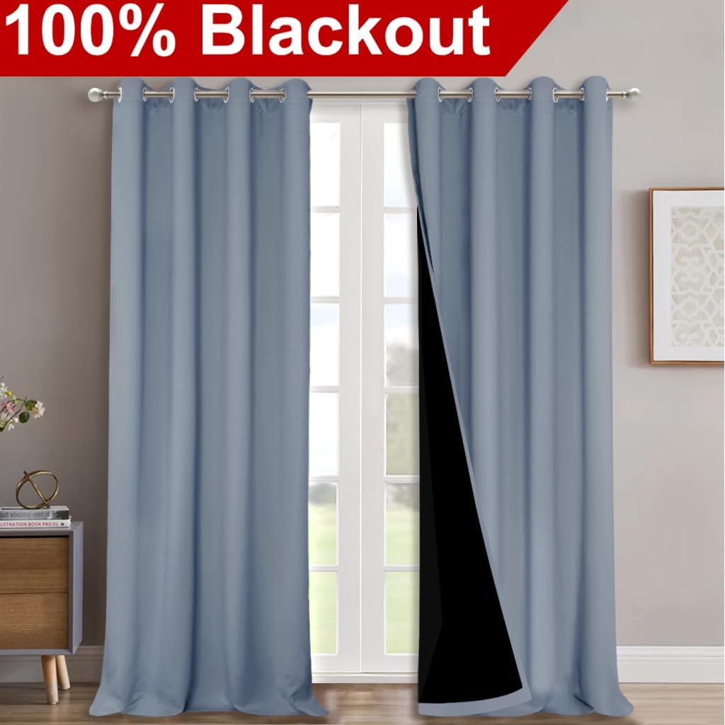 NICETOWN 100% Blackout Curtains for Windows, Pack of 2, 52" W x 108" L, Vintage Blue, Super Heavy-Duty Black Lined Total Darkness Drapes for Bedroom, Privacy Assured Window Treatment for Patio