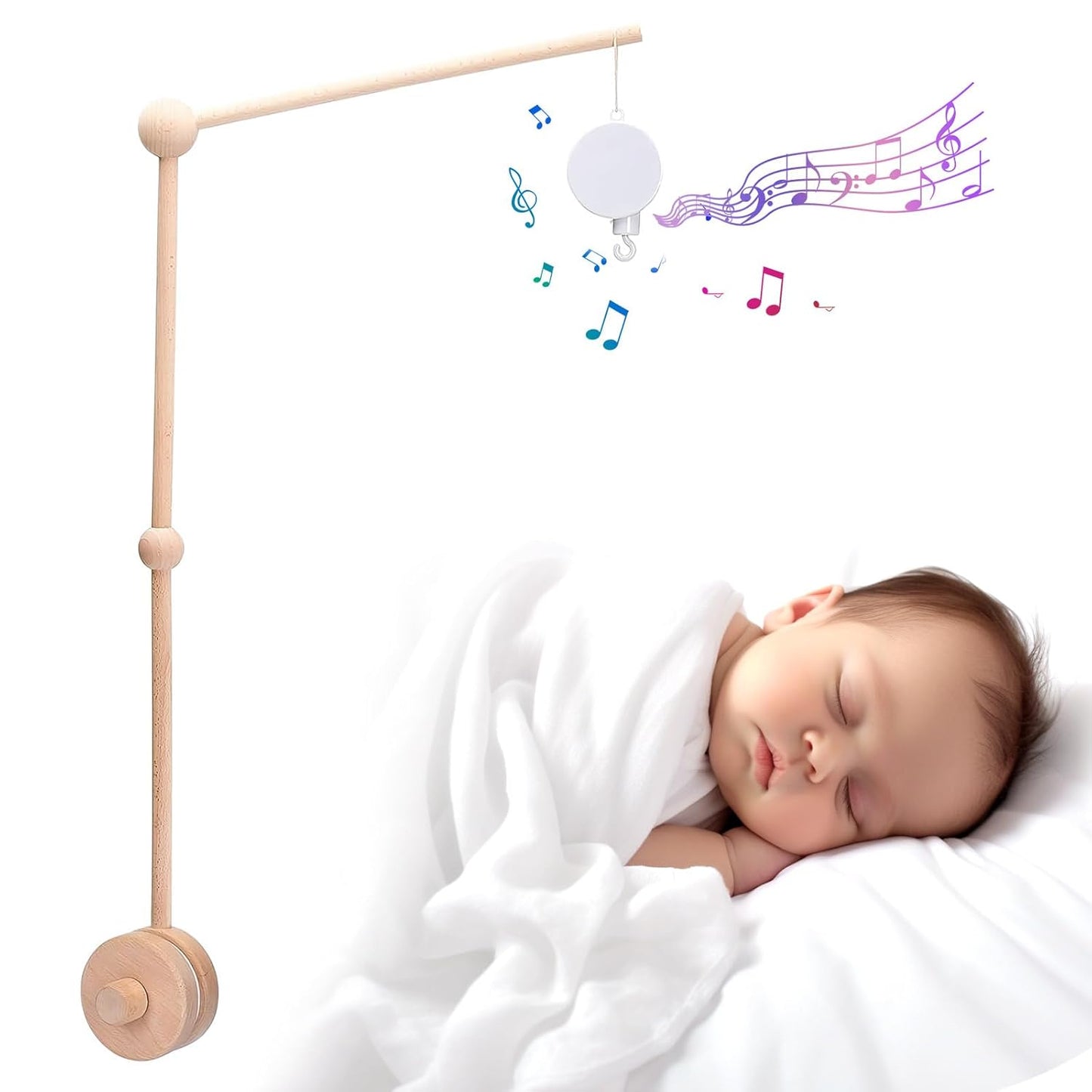 Baby Crib Mobile Arm Wooden Holder with Rotating Music Box Nursery Decor Attachment Safe Anti Slip Set for Baby Girls Boys Nursery Decor