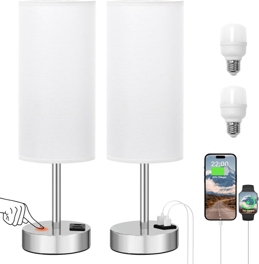 Bedside Table Lamps for Bedroom Set of 2 - Touch Lamp for Nightstand with USB-A+C Charging Ports - 3 Way Dimmable Small Desk Lamp White for Office, Dorm Room, Living Room, Reading, Nursery