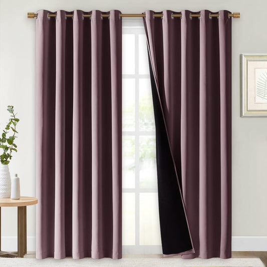 NICETOWN 100% Blackout Window Curtain Panels, Cold and Full Light Blocking Drapes with Black Liner for Nursery, 84 inches Drop Thermal Insulated Draperies (Dry Rose, 2 PCs, 70 inches Wide Each Panel)