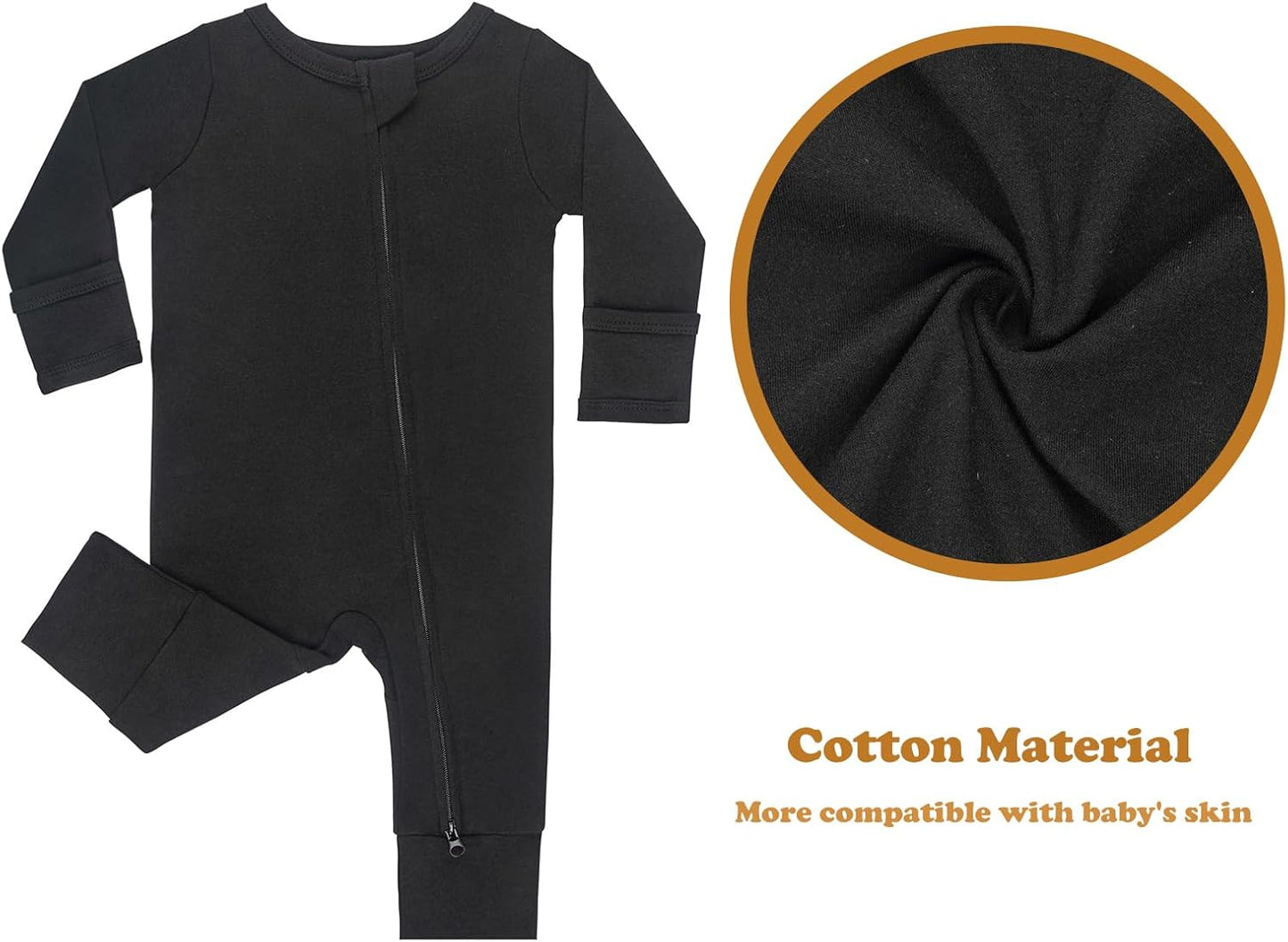 GUISBY Long Sleeve Cotton Pajamas Footless Baby Bodysuits with Zipper and Mittens 3-Pack for Boys Girls