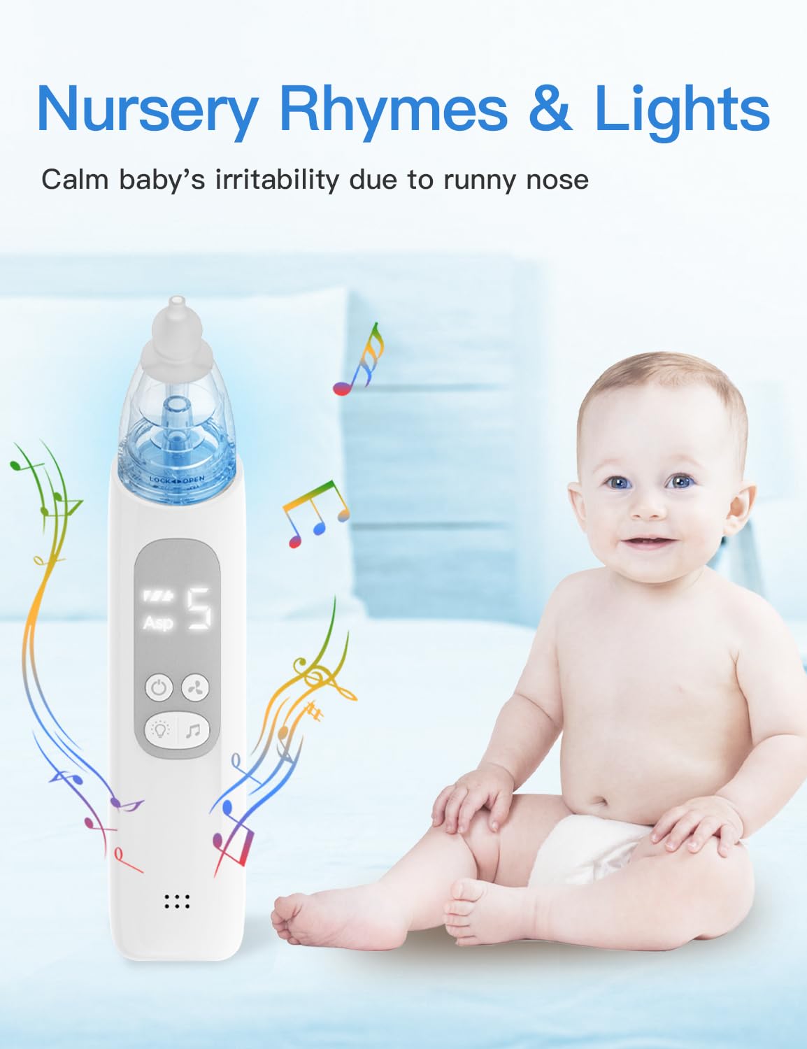 Baby Nasal Aspirator, Electric Nose Sucker with 5 Levels Suction, Soothing Light & Nursery Rhymes (White)