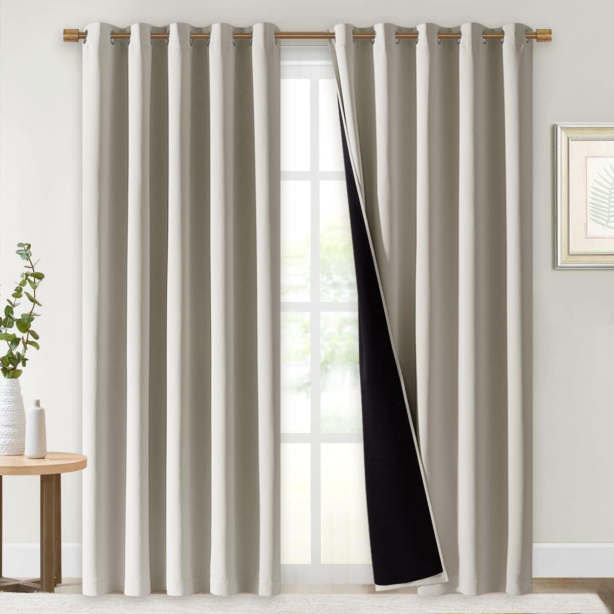 NICETOWN 100% Blackout Window Curtain Panels, Cold and Full Light Blocking Drapes with Black Liner for Nursery, 84" Drop Thermal Insulated Draperies (Natural, 2 Pieces, 70" Wide Each Panel)