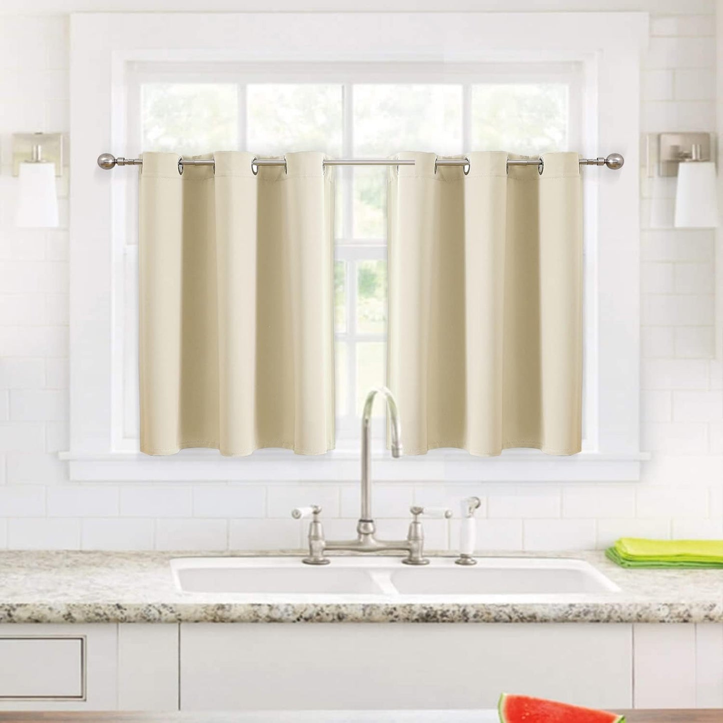 ChrisDowa Small Window Curtains for Kitchen and Bedroom - Grommet Short Thermal Insulated Room Darkening Curtains (2 Panels, Beige, 52 x 36 Inch)
