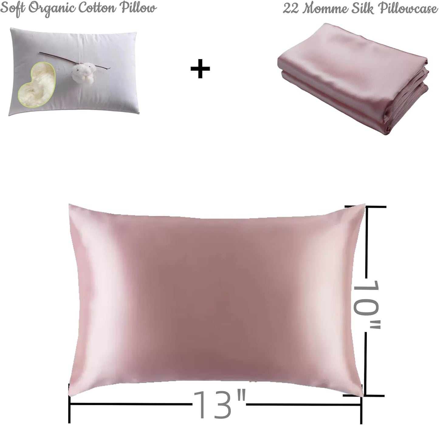 Organic Silk Baby Pillowcase with Zipper, Small 10"x13" Pillow Cover for Boys & Girls, Ideal for Bed & Travel, Soft for Kids Hair & Skin, Hypoallergenic Pillowcases for Toddlers (Pink+Pillow)