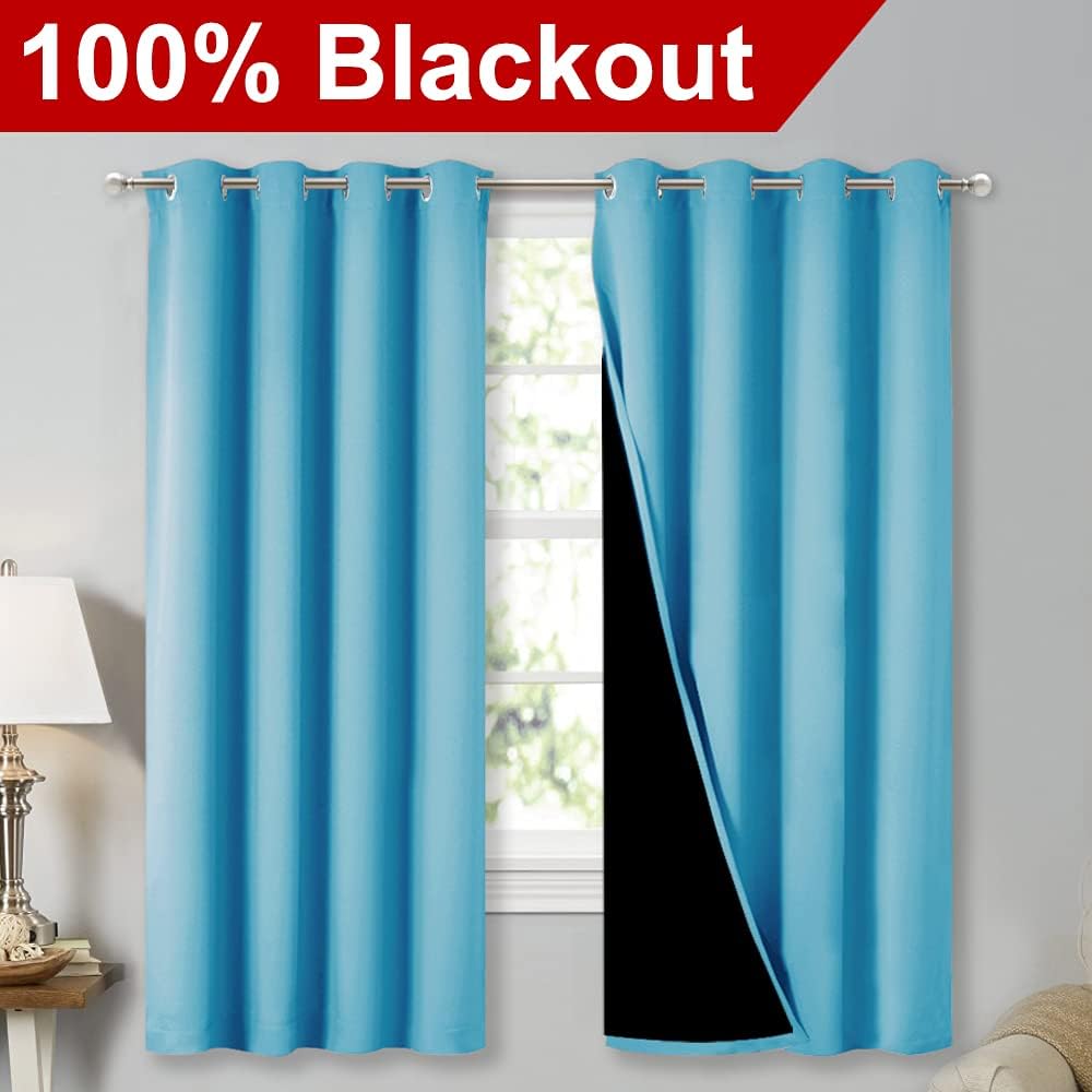 NICETOWN Extra Long Truly Blackout Drapes for Hall and Villa, 46-inch Width Each Panel, 45-inch Length, Teal Blue, 2 Pieces, 100% Blackout Window Curtain Panels with Black Lined for Night Shift Worker