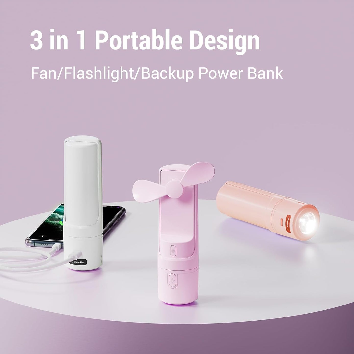 Airluxe Mini 3-in-1 Portable Fan Rechargeable- Handheld Fan with 35-Hour Battery Life, Fast Charging Power Bank&Flashlight- Personal Fan for Travel, Vacation, and Festival Essentials Purple