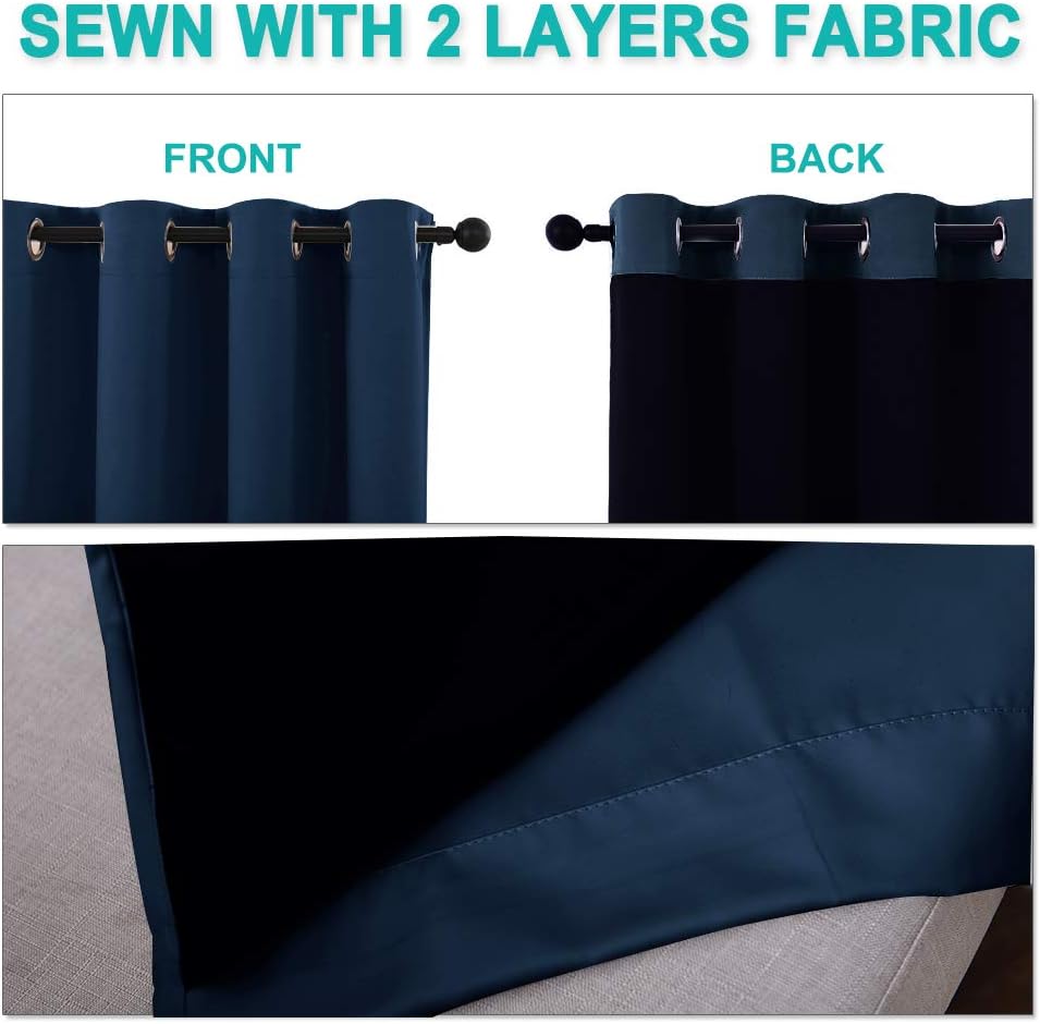 NICETOWN 100% Blackout Curtain Set, Thermal Insulated & Energy Efficiency Window Draperies for Guest Room, Full Shading Panels for Shift Worker and Light Sleepers, Navy Blue, 37W x 50L, 2 PCs